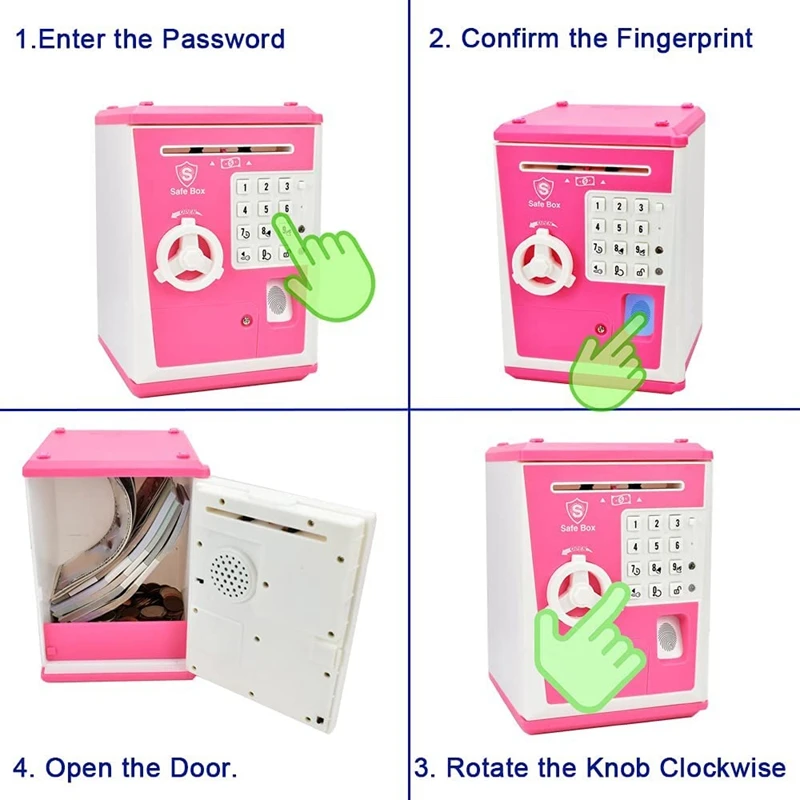 Piggy Bank Cash Coin Money Jar Kids Safe Box With Fingerprint Password Electronic Toy ATM Savings Bank (Pink/White)