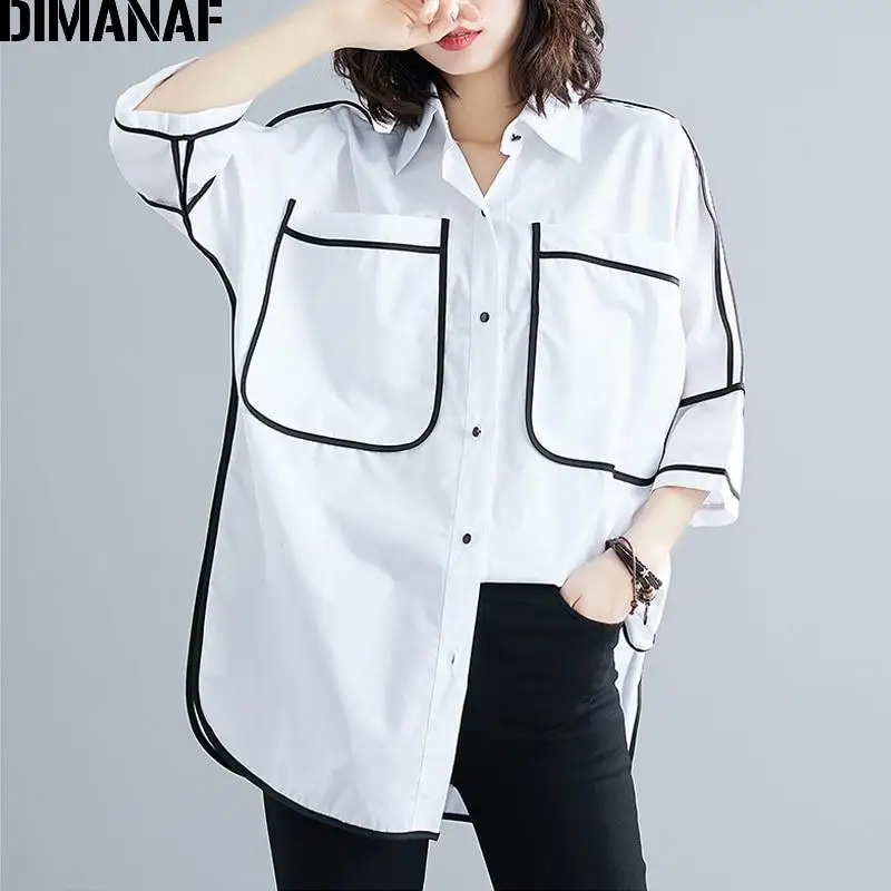 Dimanaf Plus Size Women Blouse Shirts Summer Office Lady Tops Tunic Big Size Cotton Loose Casual Spliced Female Clothes 2021 NEW