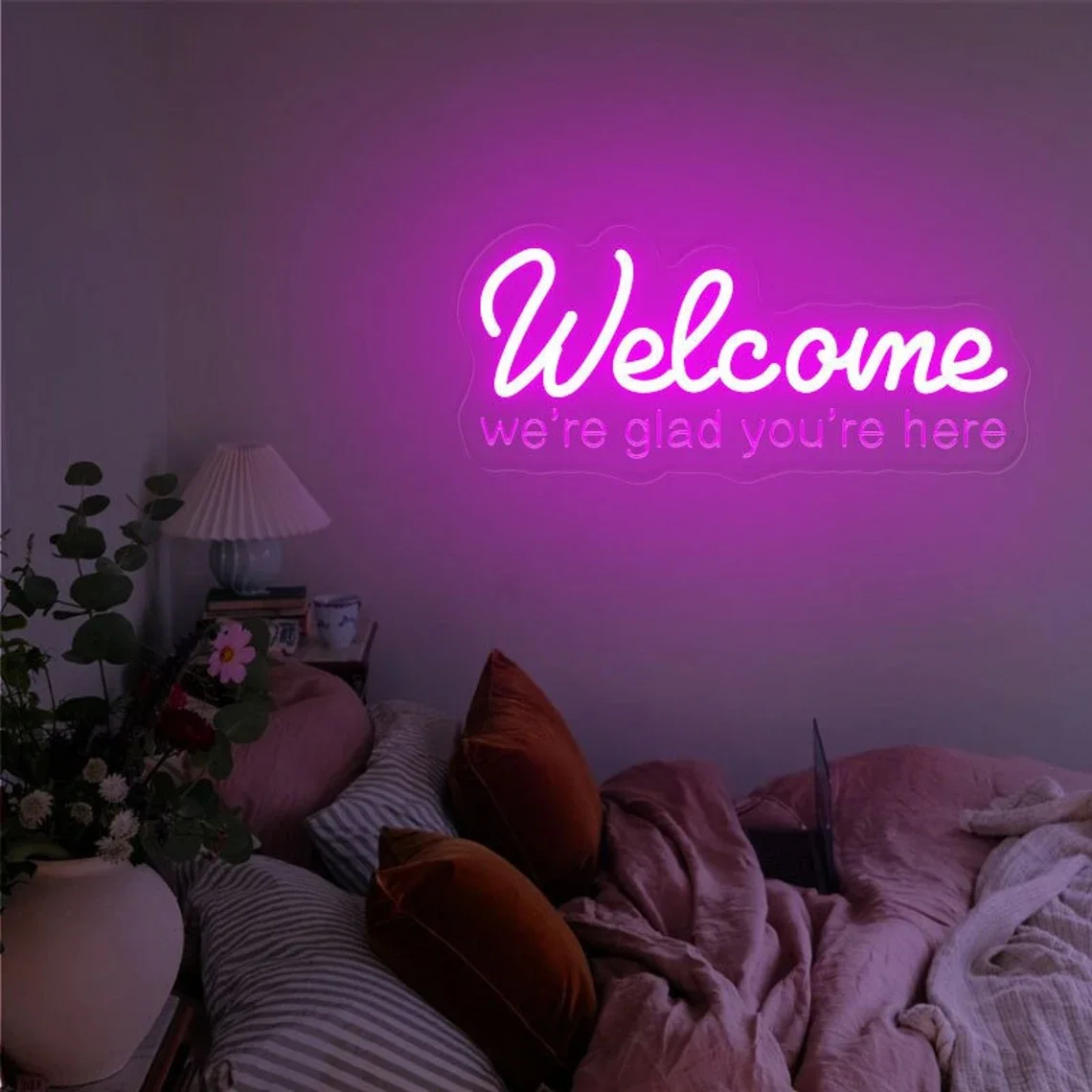 Letrero de neón abierto de bienvenida de gran tamaño, somos glad, eres aquí, decoración de pared, tienda de negocios, salón, decoración de oficina