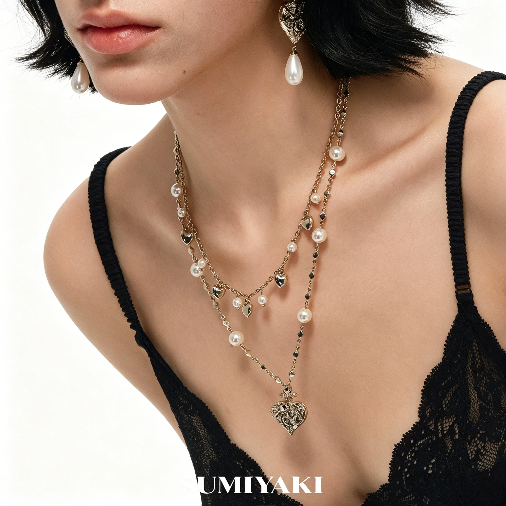 Genuine SUMIYAKI Angel Love Series, Double-sided Embossed Love Double-layer Necklace Earrings Set
