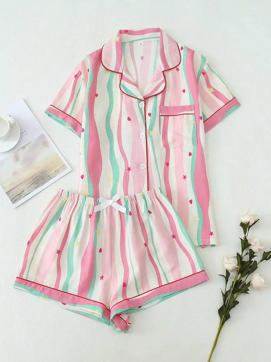 

Womens 2-Piece Summer Pajama Set Short Sleeve Buttoned Top And Shorts Striped Sweet Style