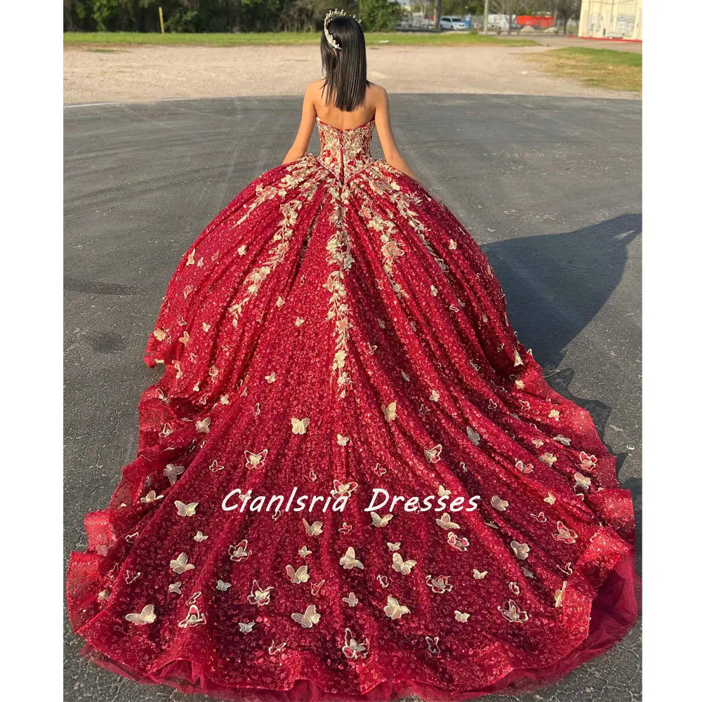 Dark Red Sweetheart Crystal Sequined Quinceanera Dresses Ball Gown Gold Appliques 3D Butterfly Corset Vestidos Para XV Años