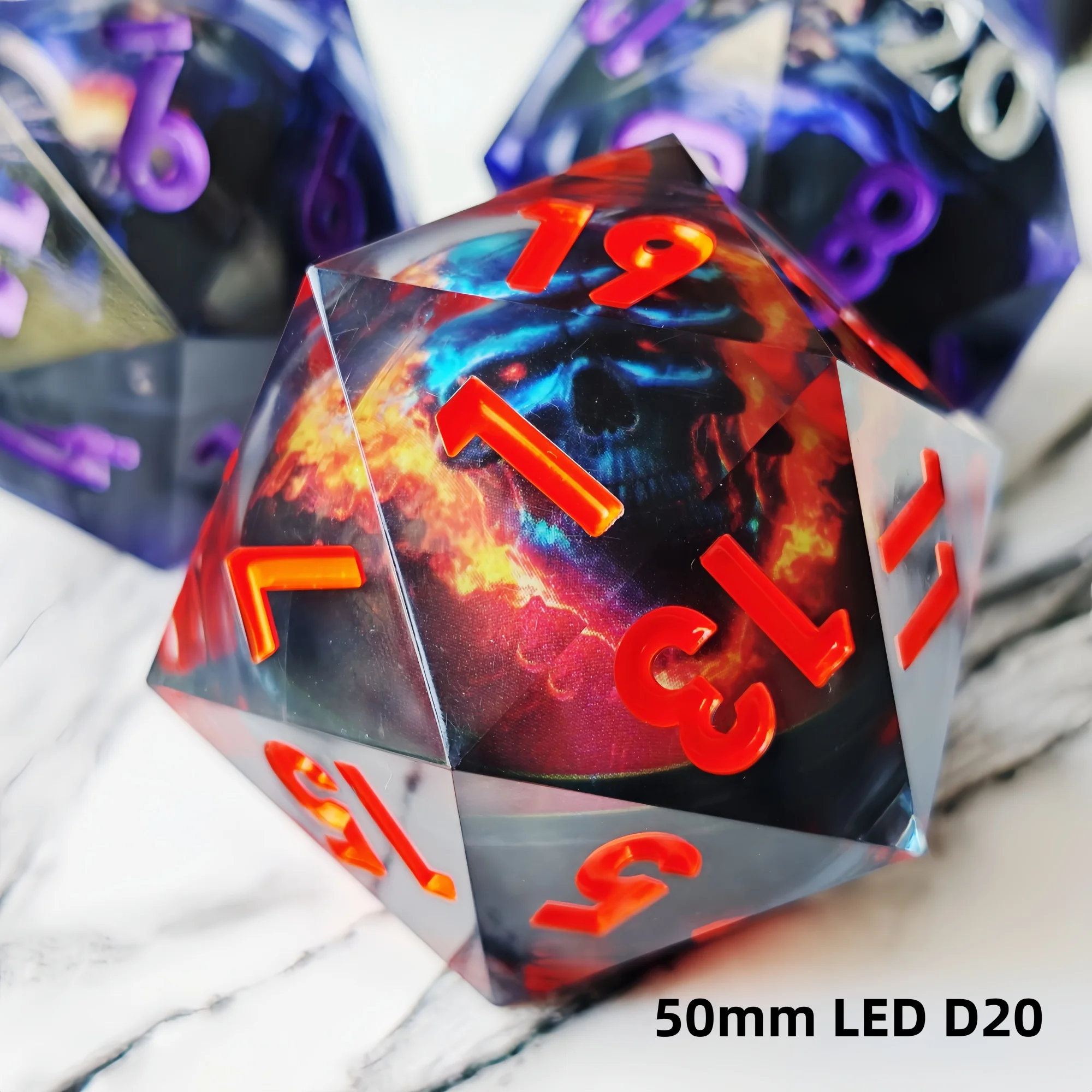 MINI PLANET Flame Skull Witch LED 50mm D20 Dice Huge Polyhedral Resin 20 Side Dice For RPG Board Game DND D20 Dice Sharp Edges