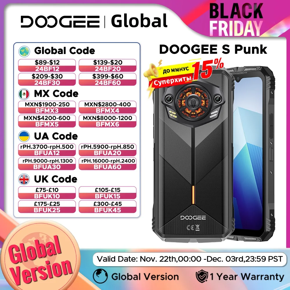 الإصدار العالمي DOOGEE S Punk هاتف متين 6.58 "90 هرتز عرض LED تأثير الضوء 34 مللي متر مكبر صوت كبير السعة 6 جيجابايت + 256 جيجابايت 10800 مللي أمبير في الساعة