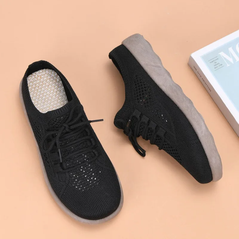 Ladies Breathable Knitted Mesh Half Slippers Lace‑Up Thick‑Bottom Non‑Slip Closed‑Toe Mules Outdoor Casual