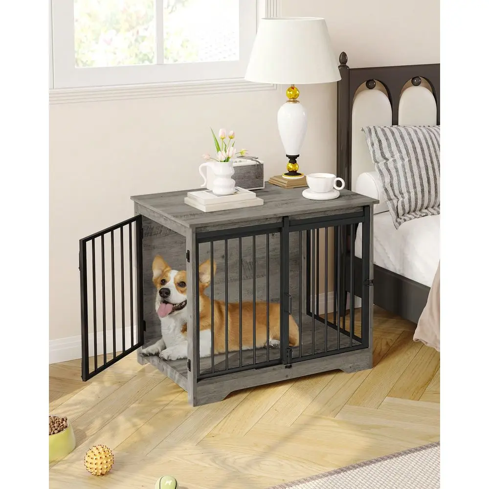 

Dog Crate Furniture, 32 Double Door Dog Crate With Barn Door, Dog Kennel Indoor, End Side Table Wooden Dog Crates For Small Med