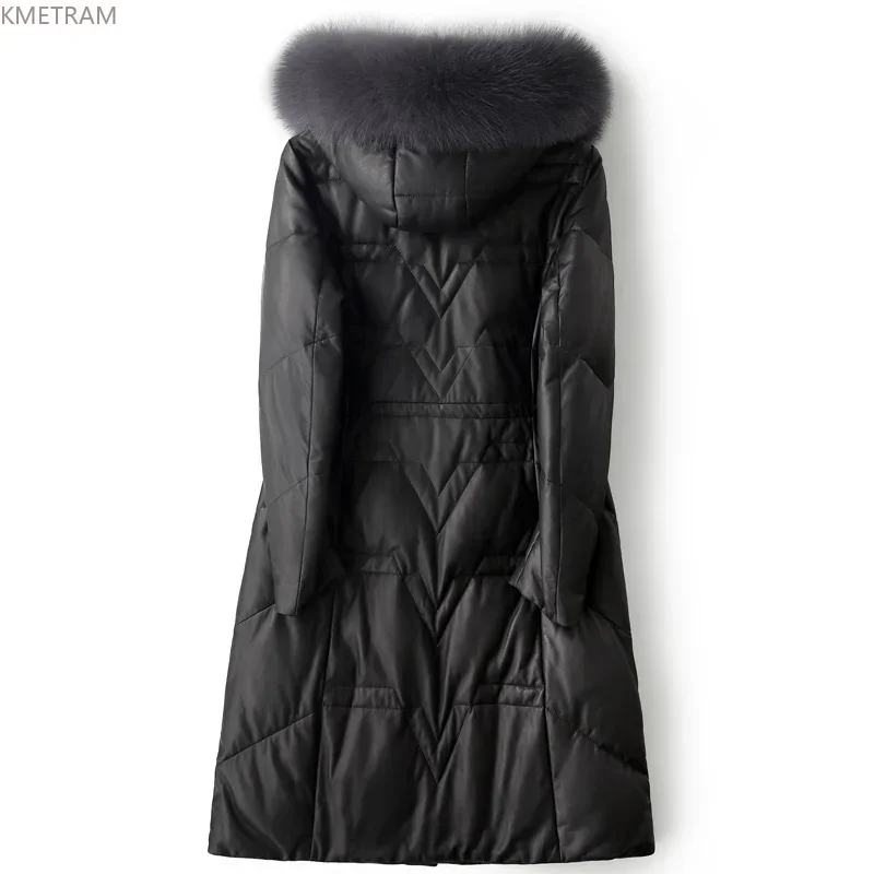 Real Leather Down Jacket Women Winter Genuine Sheepskin Coat Hooded Fox Fur Collar Thickened Leather Jackets Black Down Coats