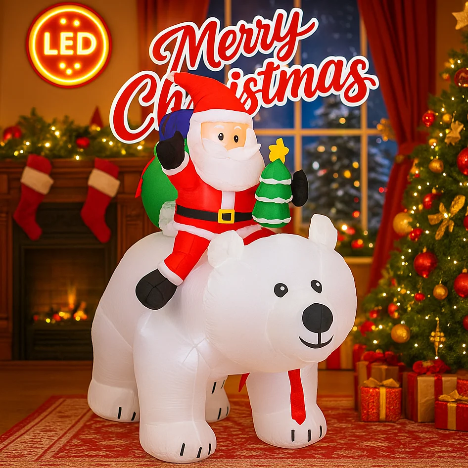 6-stopowy nadmuchiwany Święty Mikołaj jeżdżący na niedźwiedziu polarnym, dekoracje świąteczne, ozdoby bożonarodzeniowe do domu i na podwórko, dekoracje LED, zabawka na przyjęcie bożonarodzeniowe