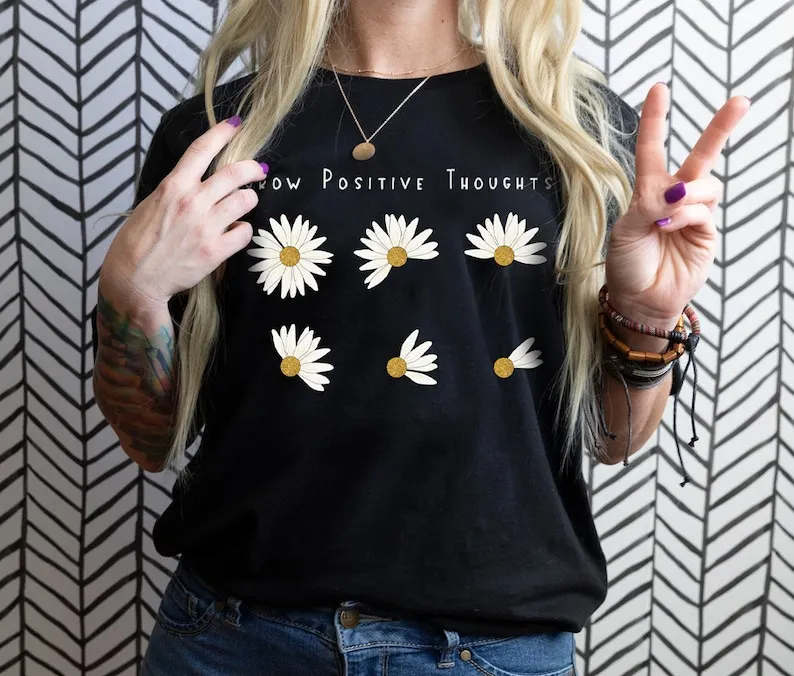 Grow Positive Thoughts Tee Floral Bohemian Style Butterfly Trending Right Now Lady Graphic Love Harajuku Short-sleev Casual Tee