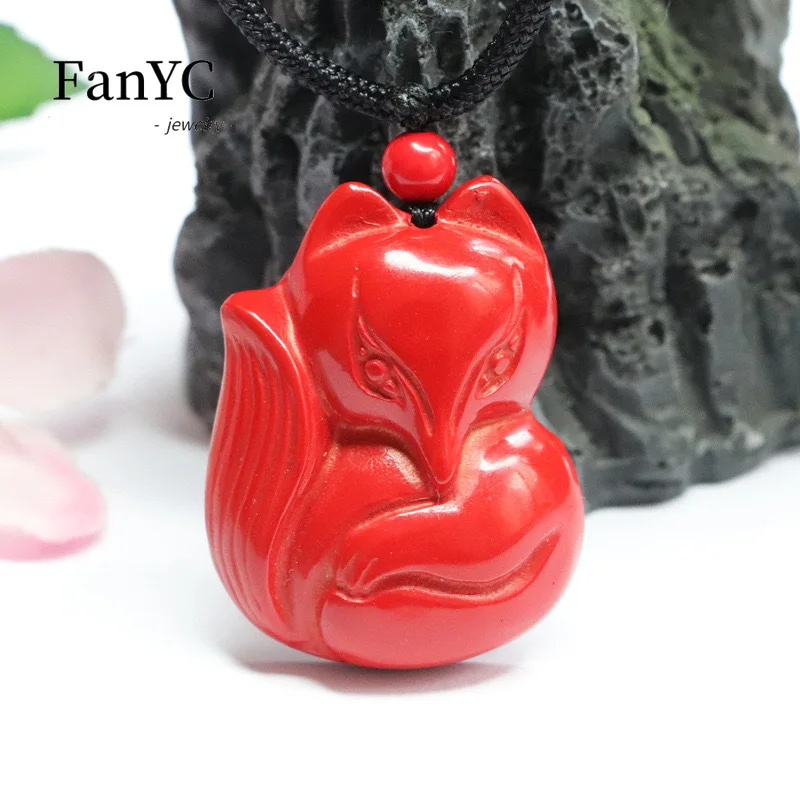 قلادة قطرات الحب الطبيعية من سينابار للرجال والنساء ، قلادة مشبك السلام الثعلب المنحوت بشكل جميل ، سحر الحظ الموضة ، هدية العيد