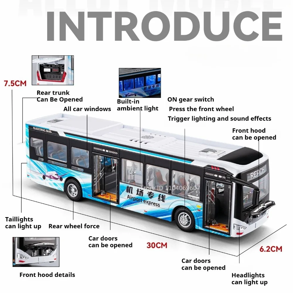 1:42 escala nova energia ônibus brinquedo modelos liga diecast puxar para trás portas abertas janela completa vidro som luz popular veículo brinquedos