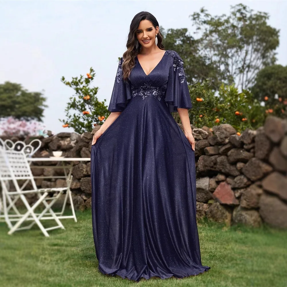 

V Neck Bell Sleeve 3D Floral Lace Applique Glitter A Line Dress Navy Blue Floor Train Mother of Bride Gala Cocktail Gown