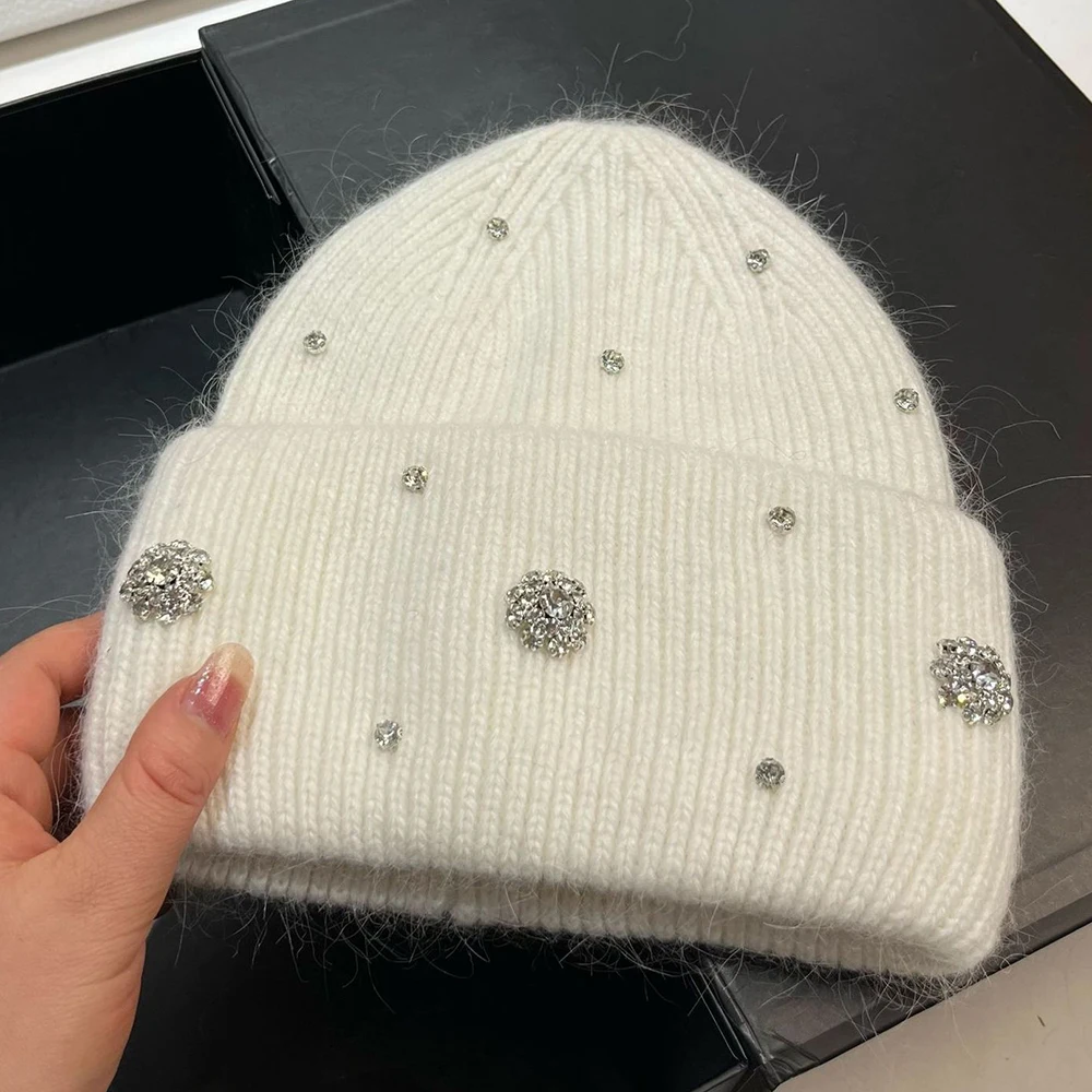 

Hat Rhinestone Women Winter Beanie Angora Knit Solid Color Autum Warm Accessory For Cold Weather Outdoor Skiing Sports Holiday