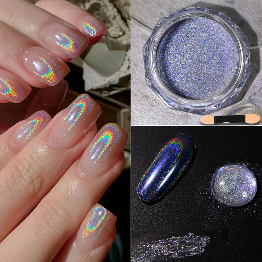 1 caja Super brillante láser Arco Iris brillo para uñas Podwer holográfica brillante Aurora cromo polvo para uñas pigmento polvo DIY Nail Art De