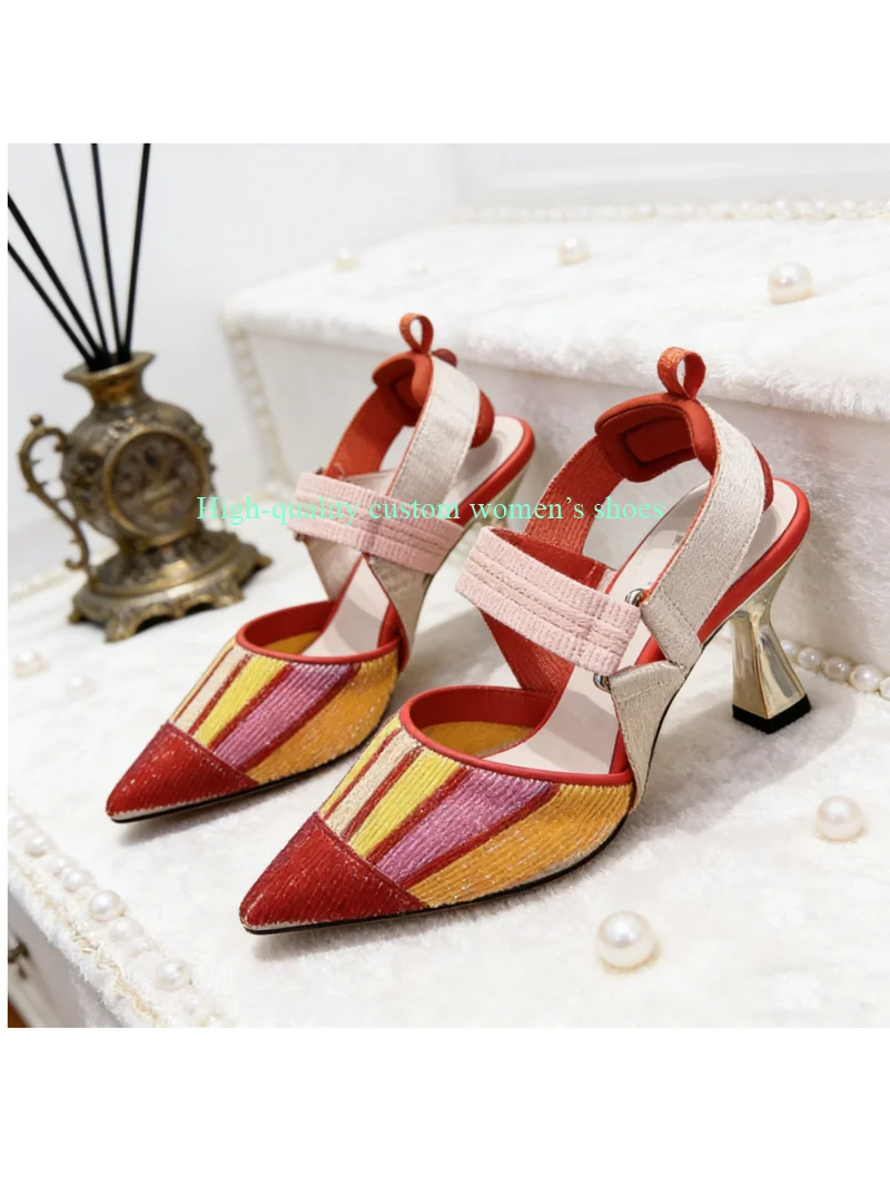 

Pointed-Toe color-Blocked Style Broadband Design Retro Style Summer Sandals Peculiar Heels Heels Shallow Luxury High Heels