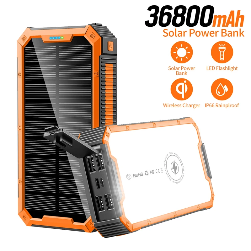 36800mAh Wireless Solar Power Bank Waterproof 3A Fast Charging Portable Charger Powerbank for iPhone 16 Samsung Xiaomi Poverbank