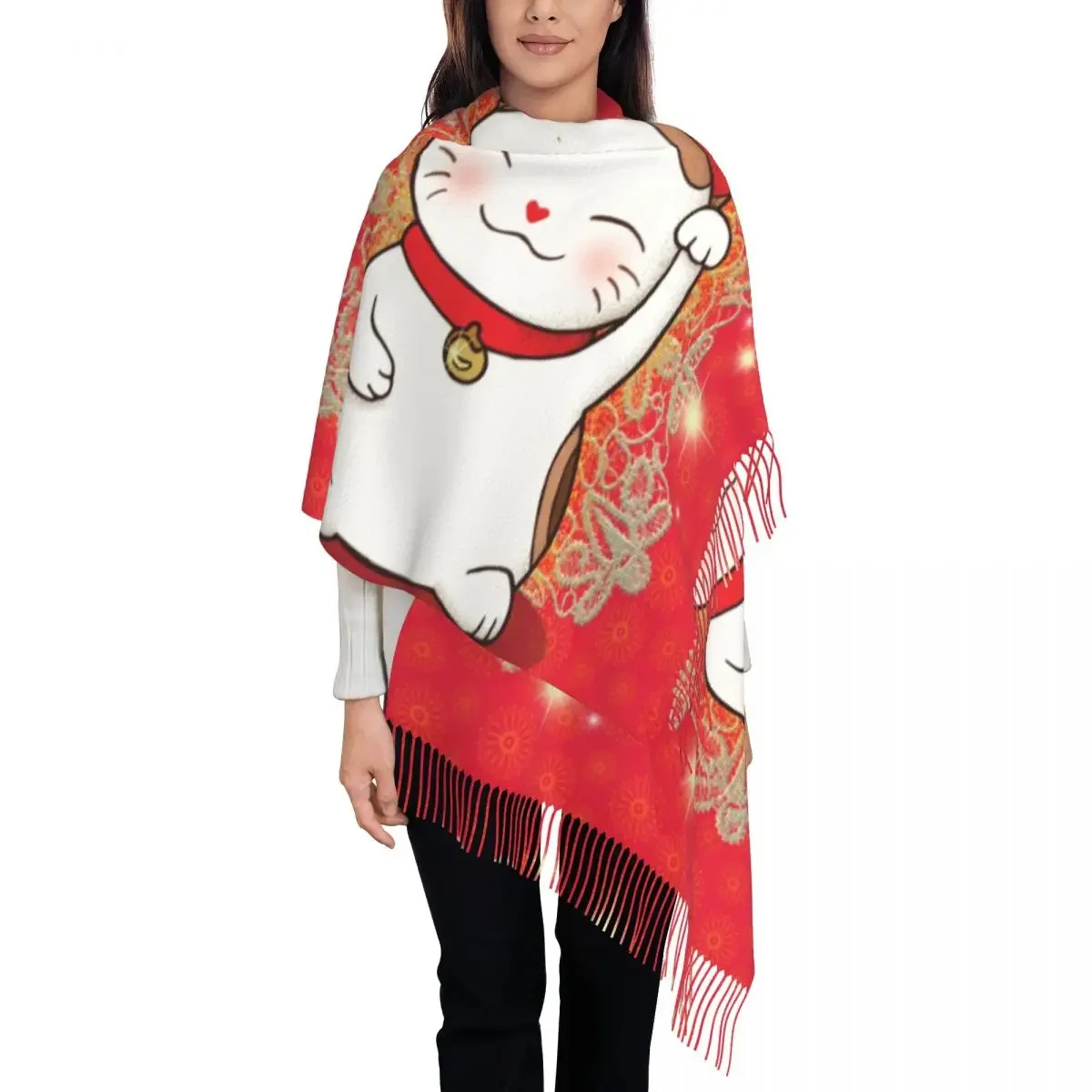 Cute Maneki Neko Waving Tassel Scarf Women Soft Japanese Lucky Cat Shawl Wrap Female Winter Fall Scarves