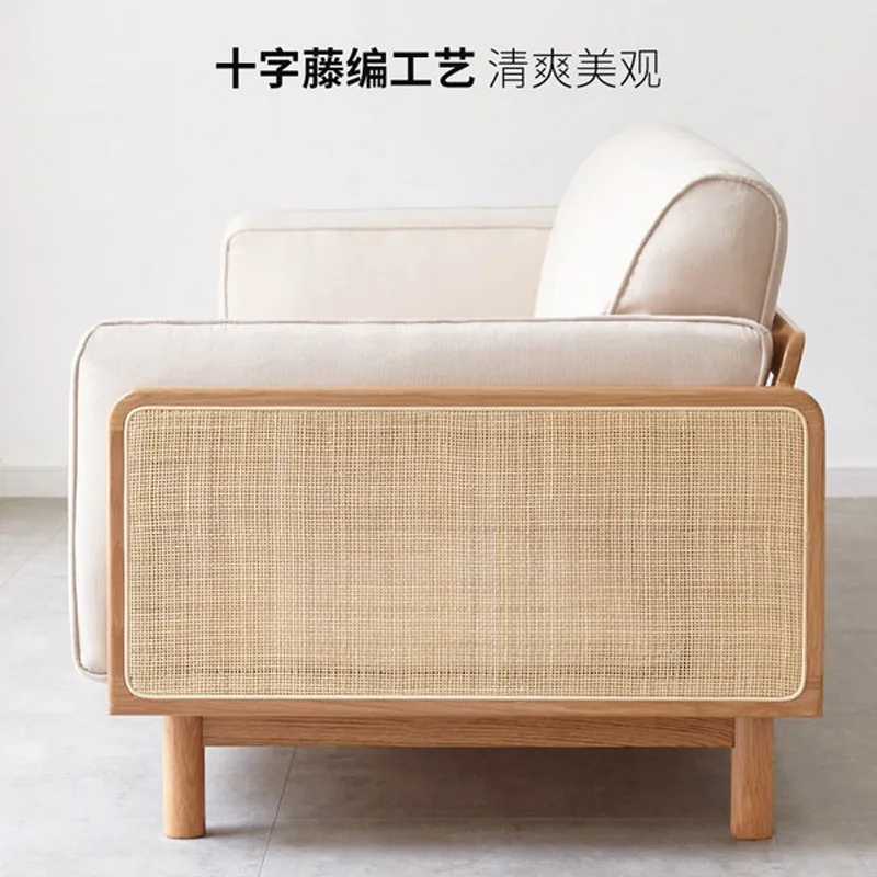 

2024 rattan sofa combination Japanese ash wood three-person fabric log simple small apartment living room solid wood Internet