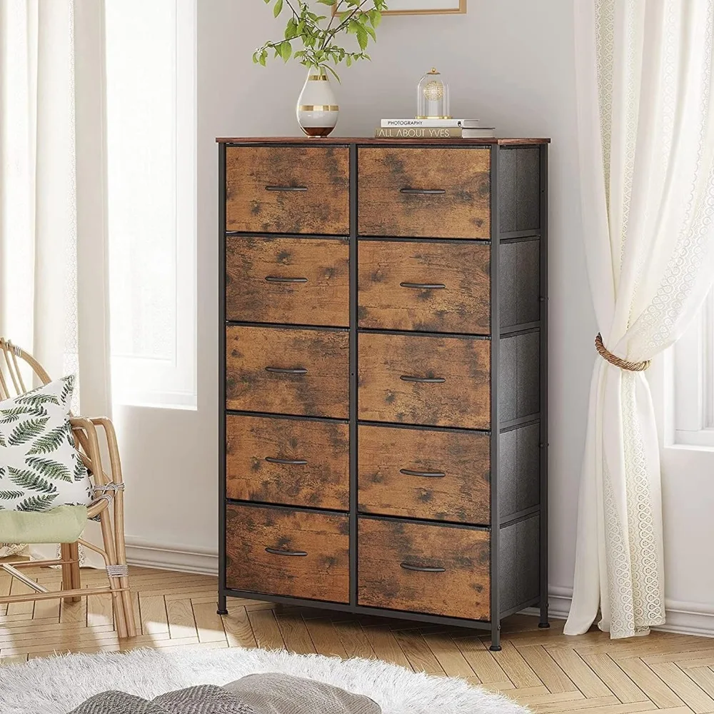 

Wood Top Dressers for Bedroom Furniture Tall Dresser for Bedroom With 10 Drawers Vanity Desk Chest of Drawers Steel Frame Drawer