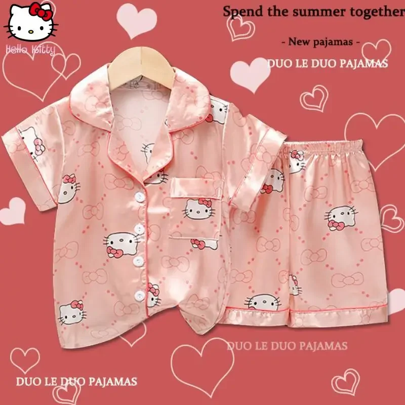 

Kawaii 2Pcs Hello Kitty Kuromi Kids Pajama Sets Anime Sanrio Cartoon Short Sleeve Shorts Cinnamoroll Girls Sweet Home Clothing