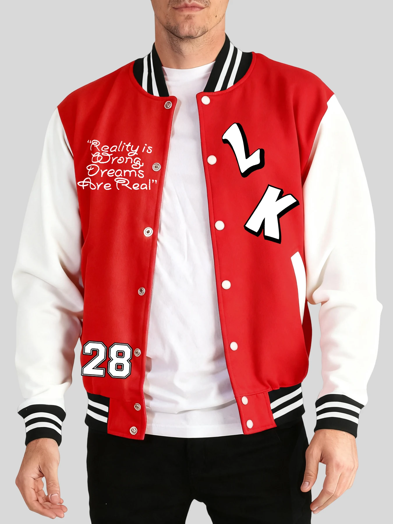 

Reality Is Wrong Dreams Are Real Print Men Baseball Uniform Autumn Winter Jacket Trendy Pocket Tops Casual Hip Hop Sportswears