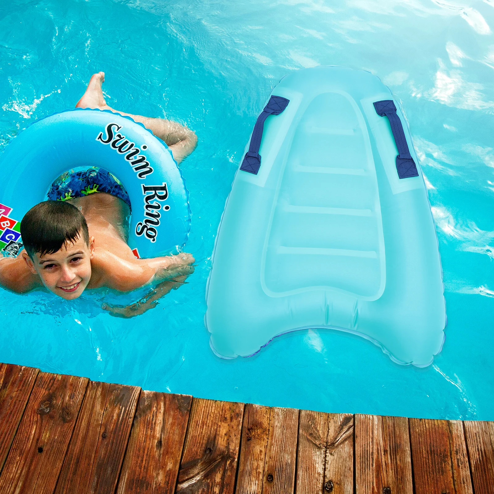 Blaues aufblasbares Schwimmbrett aus PVC, schwimmendes Surfbrett, leichtes Pool-Trainings-Kickboard für den Außenbereich, wasserfest, für Kinder