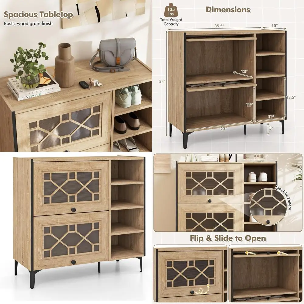 

Oak Wood Shoe Cabinet with Flip-Slide Doors and Adjustable Shelves for Entryway Storage