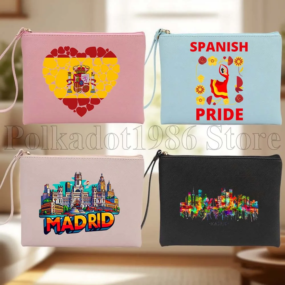 Madrid España Skyline Espana mariposa bandera regalo PU cuero viaje bolsa de cosméticos mujeres estuche de maquillaje bolsa de almacenamiento de artículos de tocador impermeable