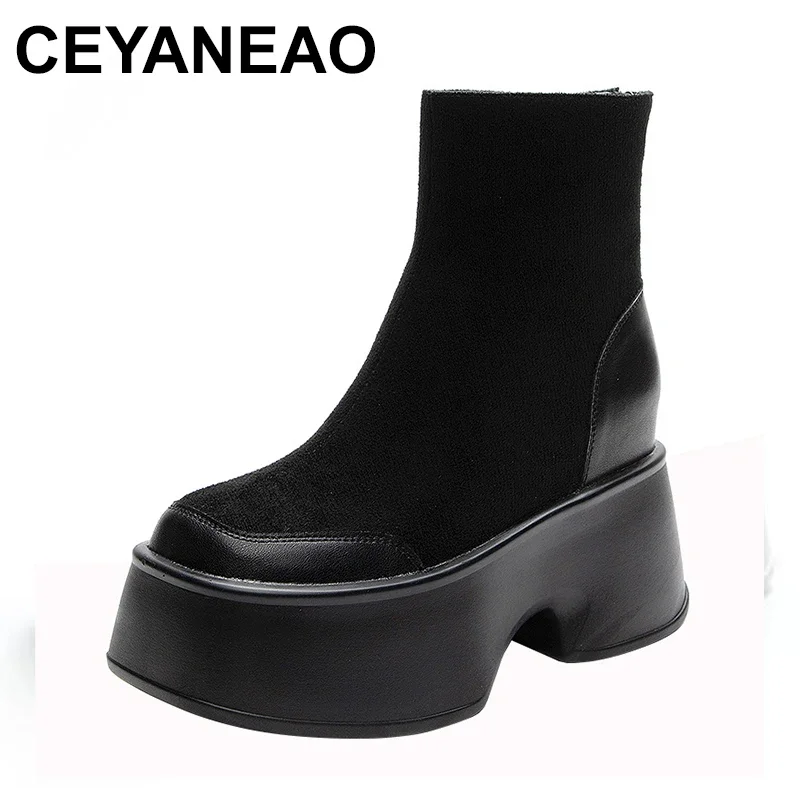 11cm Retro Genuine Leather Kid Suede Platform British Mid Calf Chimney Boots ZIP Winter Women Warm Plush Non Slipper Shoes