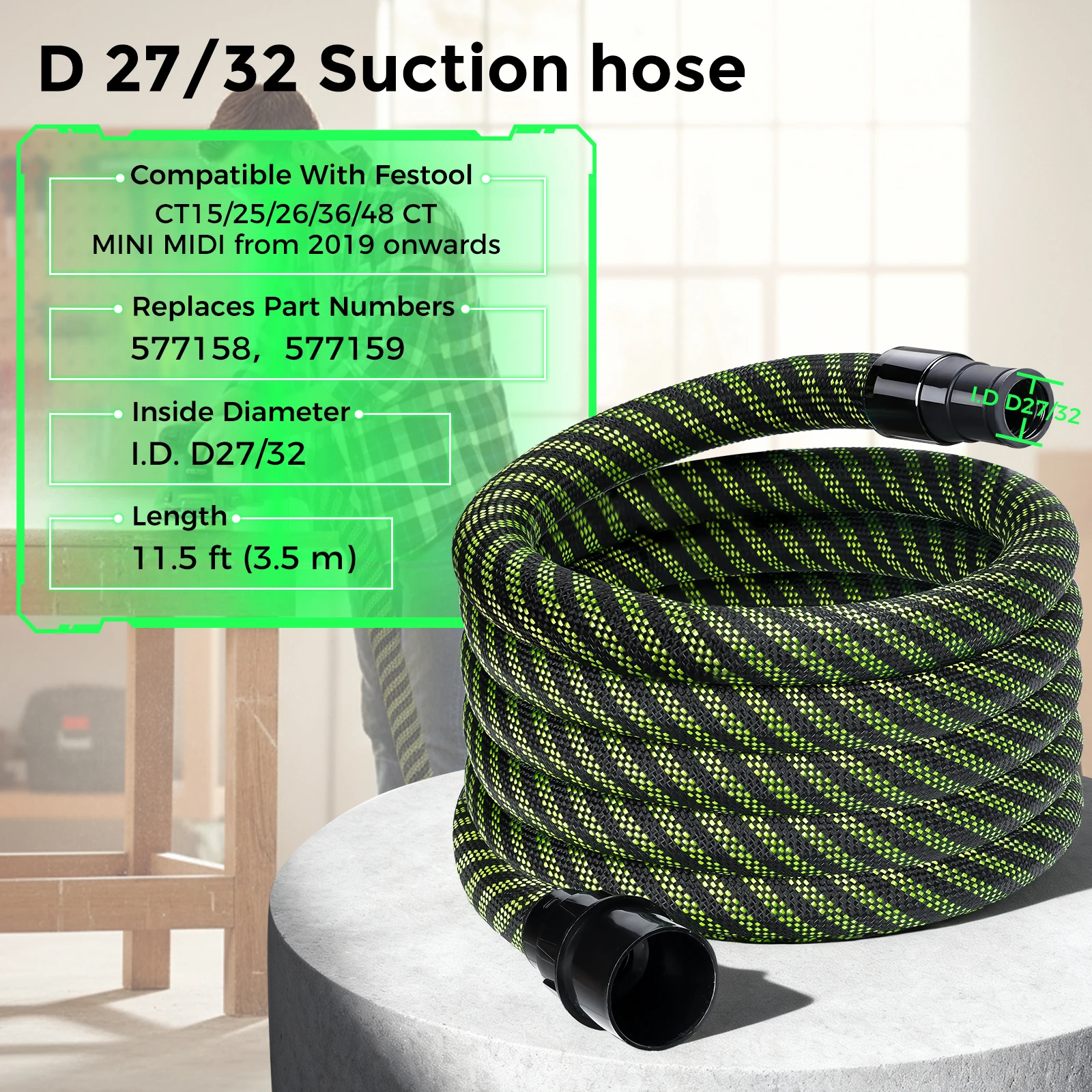 Dust Extractor Hose D27/32 X 5M (16.4 Ft) Compatible with Festool Vacuum