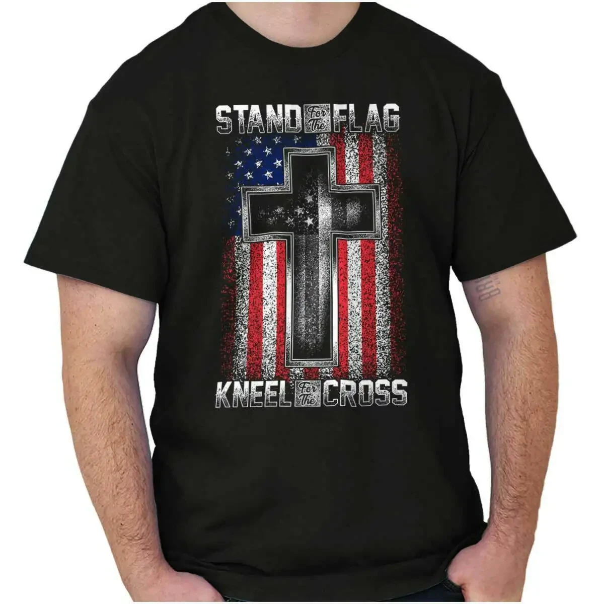

Stand for The Flag, Kneel for The Cross. American Christians T-Shirt 100% Cotton O-Neck Short Sleeve Casual Mens Womens T-shirt