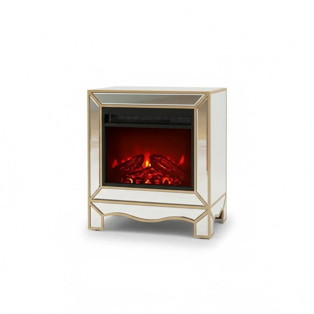 Electric Fireplace, Mirrored Glass Freestanding Heater, LED Flame, Champagne Color Bezel, 59x34x62cm, Living Room Furniture