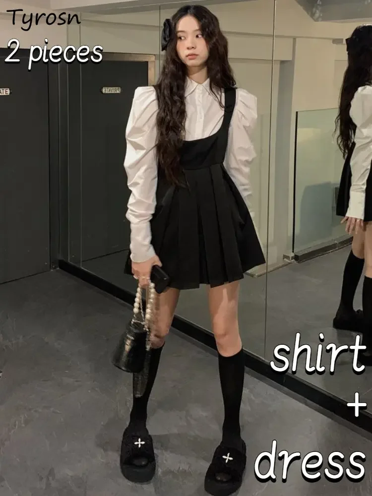 

Dresses Sets Women Retro Simple Casual Spring Shirts Sweet Preppy Style Folds Fashion Ins Ulzzang Ladies Pure Basic Mini Vestido