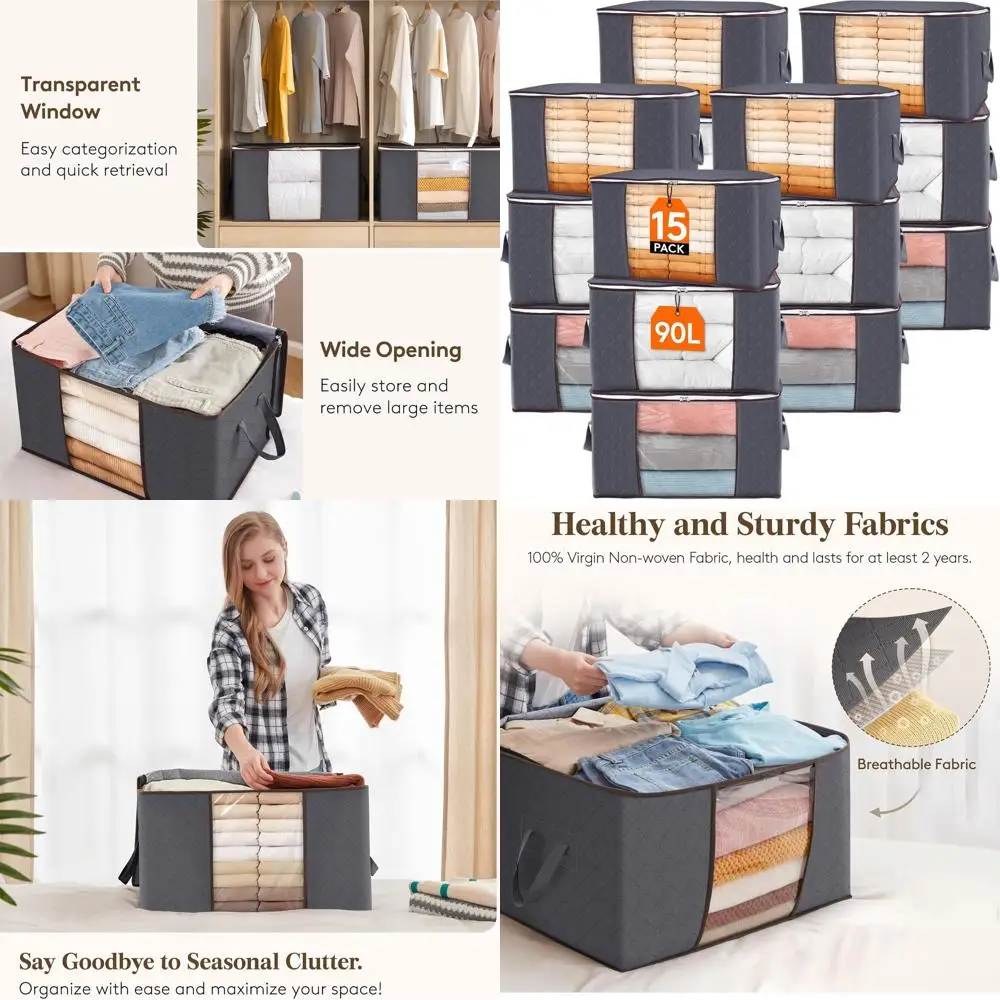

Extra-Large Storage Bags for Clothes, Comforters, Blankets, Bedding - 15 Pack, 90L Capacity, Grey with Clear Window and Durable