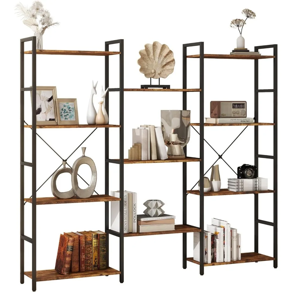 

Triple 4 tier bookshelf, Industrial Bookcase with 11 Open Display Shelves Wide Book Shelf Book Case with Metal Frame