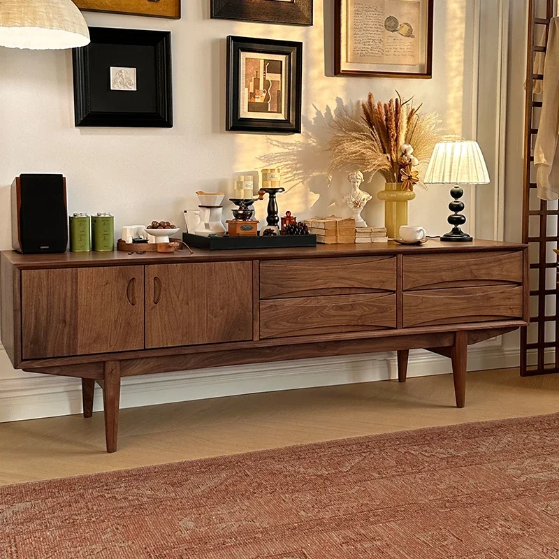 

North America Black Walnut Solid Wood TV Cabinet American Retro Affordable Luxury Living Room Locker Floor Cabinet