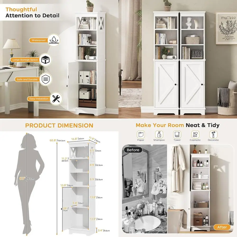 

White Wooden Tall Tower Storage Cabinet with Door and Adjustable Shelves for Bathroom or Kitchen