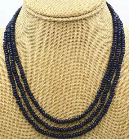 3 Rows 2X4mm NATURAL Brazil FACETED DARK Blue Sapphire BEADS NECKLACE 17-18