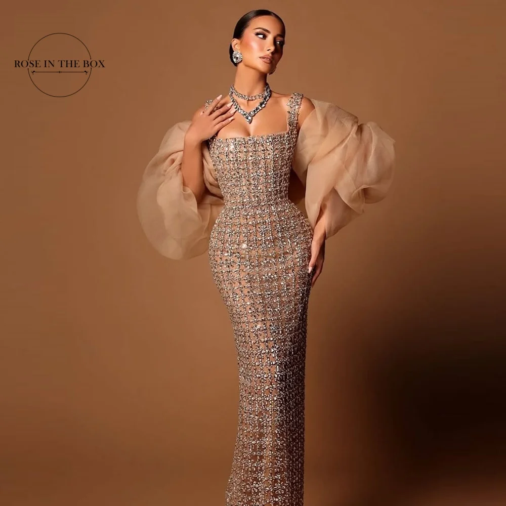 

ROSEINTHEBOX Customized Glamorous Crystal Champagne Mermaid Maxi Evening Dresses Square NecklineElegant party dresses
