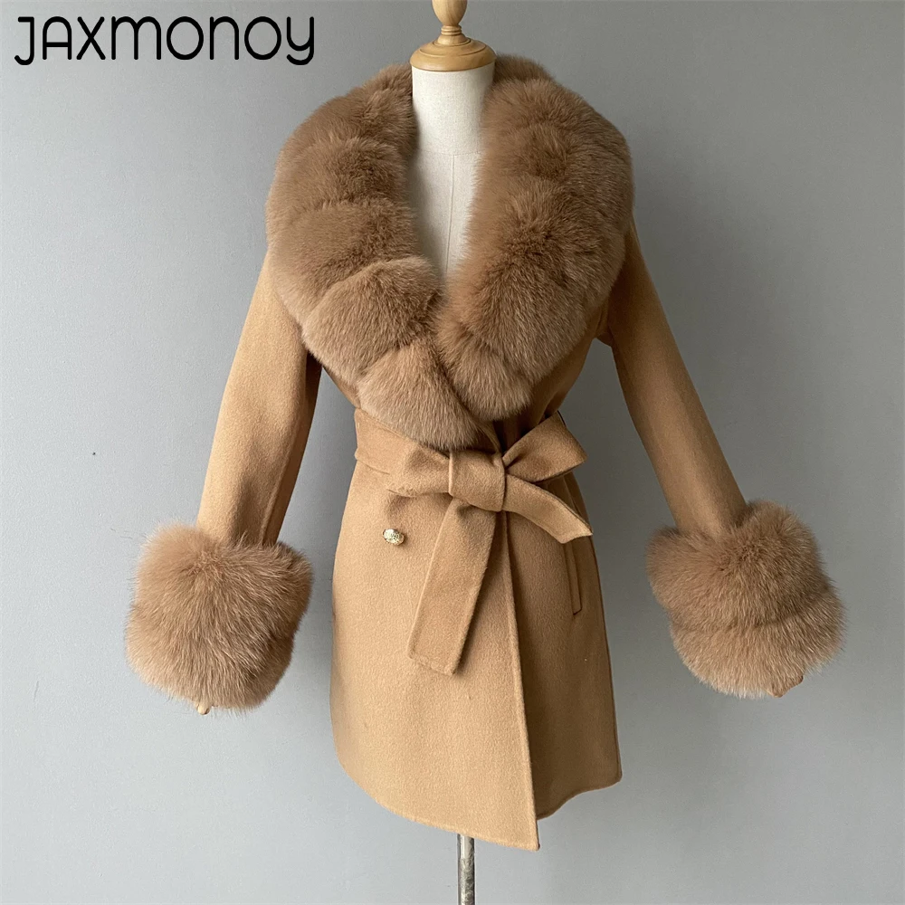 Imagem -02 - Jaxmonoy-cabolsa de Caxemira Feminino com Pele de Raposa Real Cabolsa de lã de Comprimento Médio Jaqueta Trespassado Moda Outono e Inverno Nova Chegada