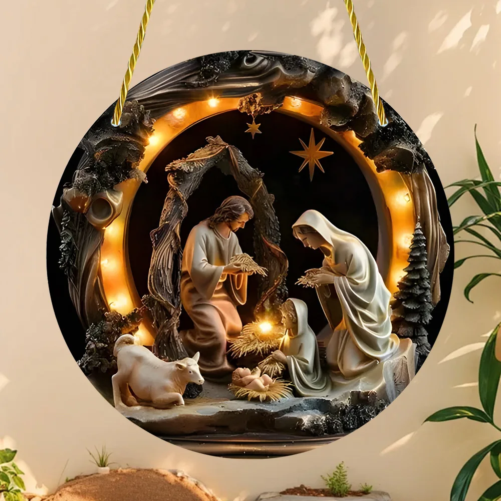 Sinal de madeira do presépio, 2D efeito relevo de Jesus, Ornamento de Natal redondo para igreja, decoração pendurada na parede,