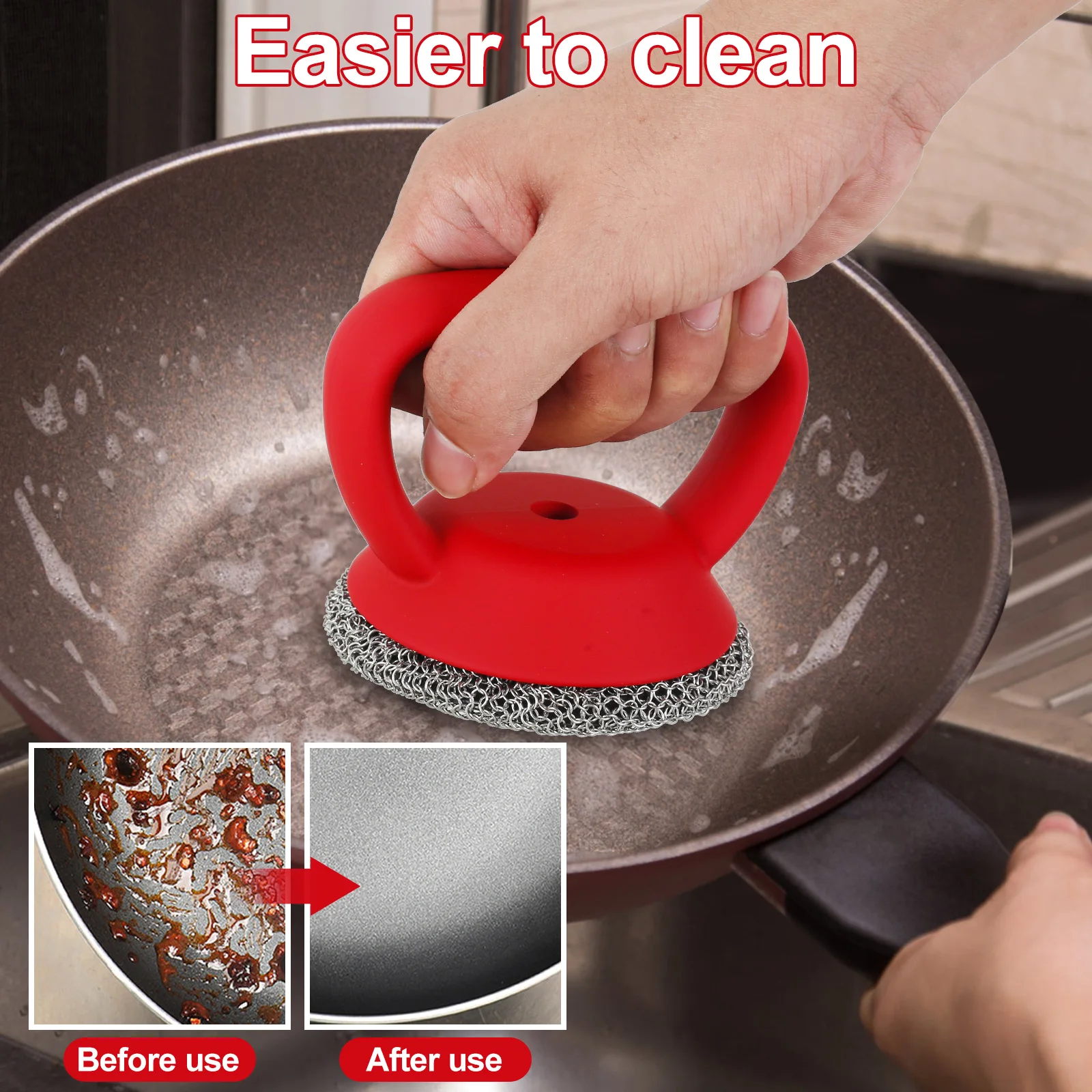 Cast Iron Scrubber Stainless Steel Round Chainmail Scrubber Brush Anti-Rust Cleaning Pots Tool to Clean Cookware Frying Pans