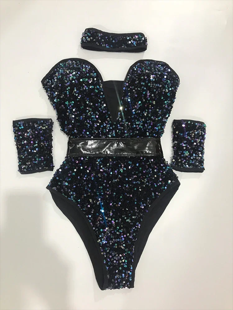 

Sequins Bodysuit Bar Jazz Pole Dancing Costume For Female Rave Outfits Nightclub Dj Singer Dancer Stage Show Dancewear VDB3769