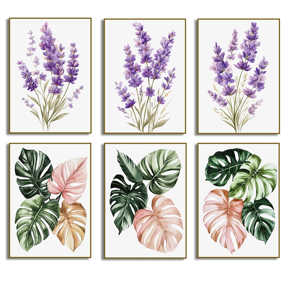 Monstera Lavender Tropical Botanical  Poster Canvas  Print Boho Green Leaf Wall Art for Living Room Home Decor Cuadros