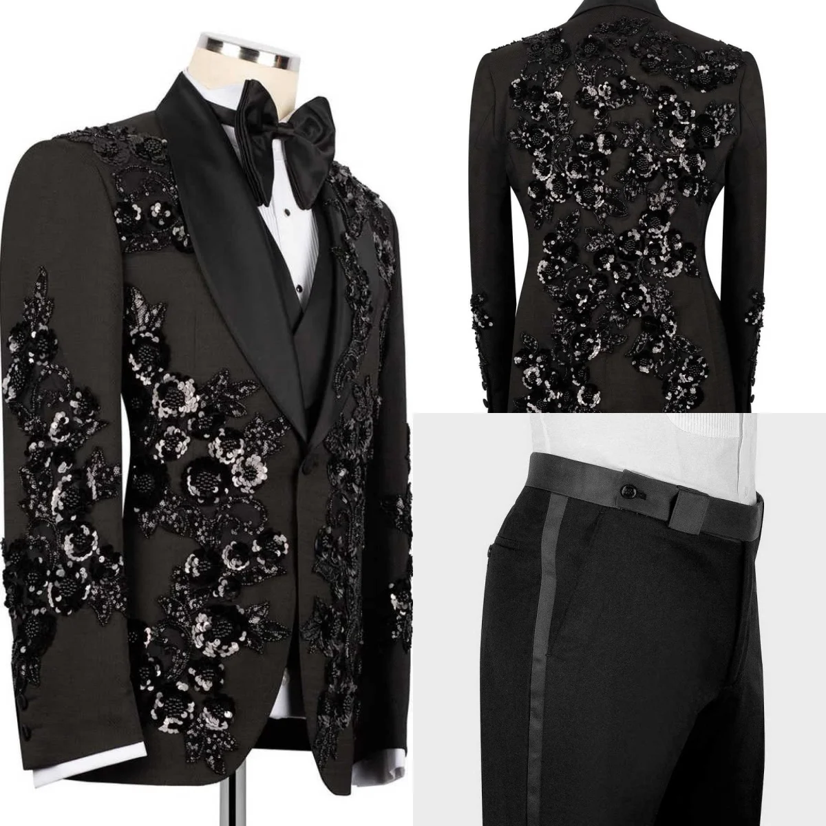 

Luxurious Sequins Customized 2 Pieces Men Suits Shawl Lapel Beading Tuxedos Slim Fit Groom Wedding Party Sets