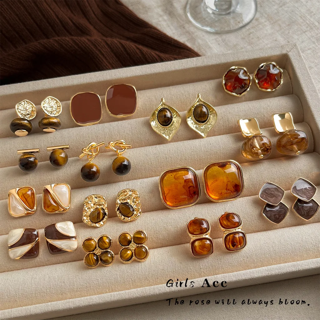 

Vintage Luxury Tiger Eye Stone Earrings 925 Silver Yadan Style Retro Maraid Earrings Elegant Brown Fashion Jewelry Bestseller