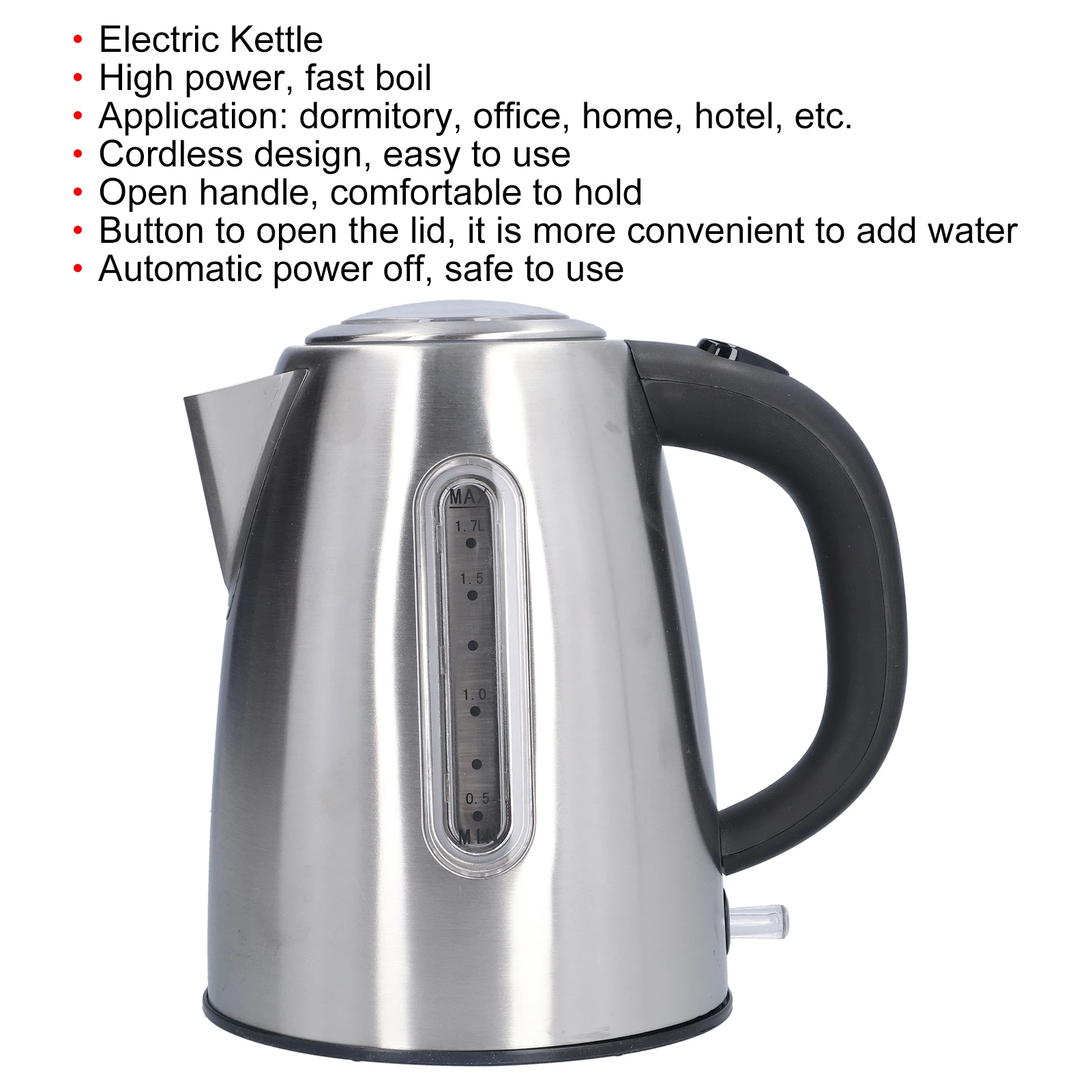 Chaleira elétrica sem fio de aço inoxidável, 1,7l, com desligamento automático e proteção contra fervura seca, aquecedor de água de ebulição rápida, jarro para casa