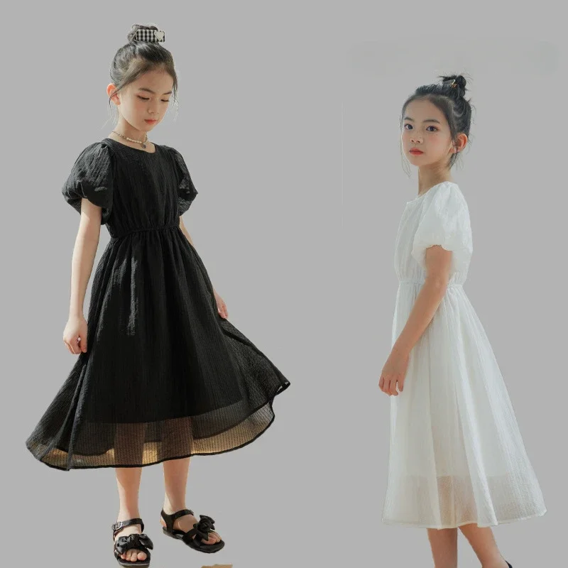 White dresses for Girls clothes 2 to 12 years summer new chiffon dress slim puff sleeve princess dress