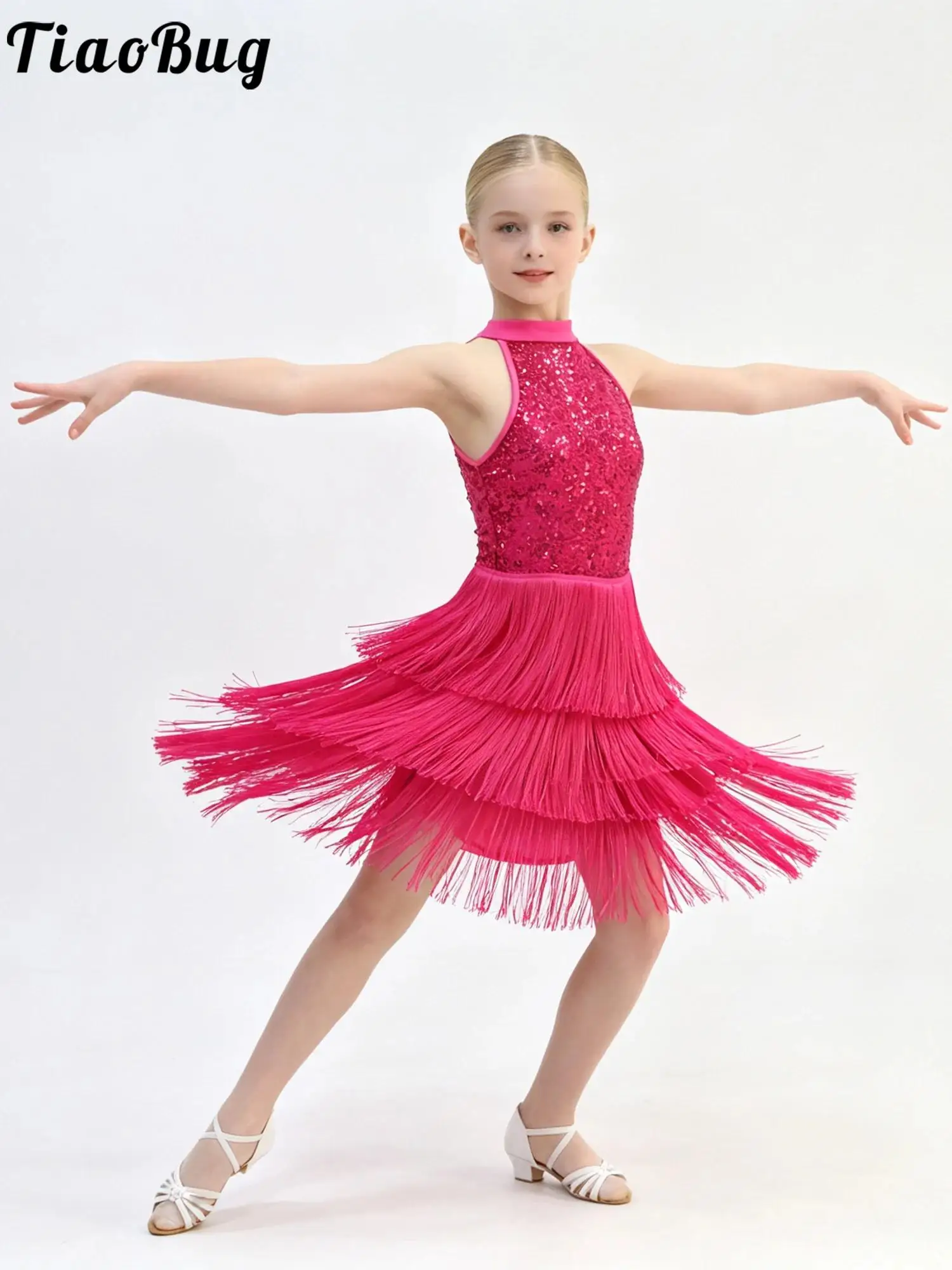 Teen Girls Latin Dance Dress Ballroom Chacha Tango Salsa Dancewear Sleeveless Shiny Sequins Tiered Tassels Dresses with Shorts