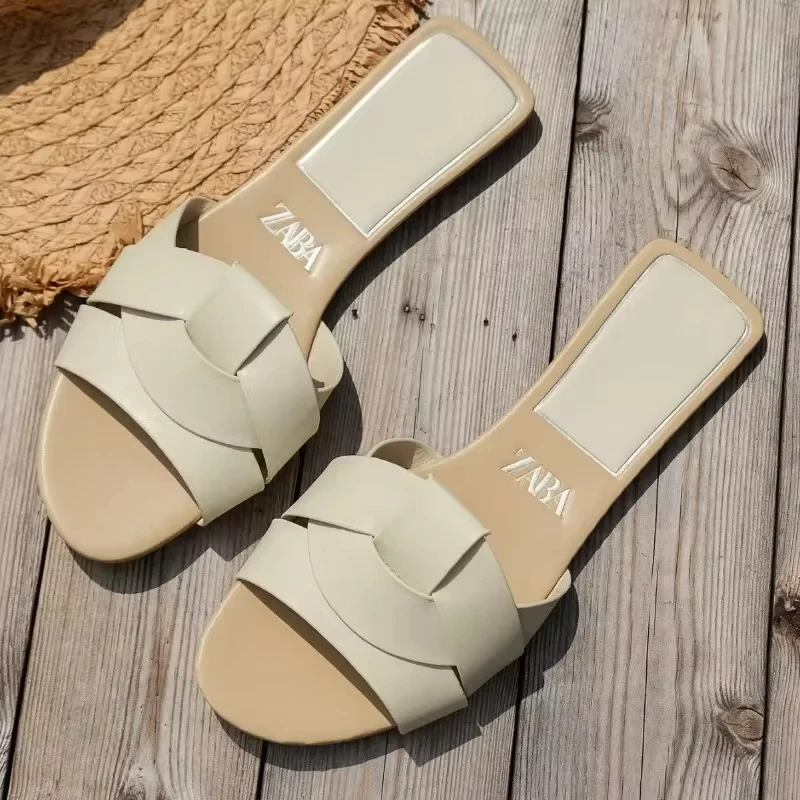 2024 New Women\'s Shoes Square Head Cross Flat Summer Sandals Simple Flip-flops Women Wear Slippers